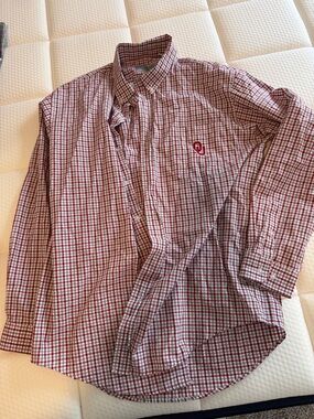 Red Plaid Long-Sleeve Button-Down Shirt with OU Logo